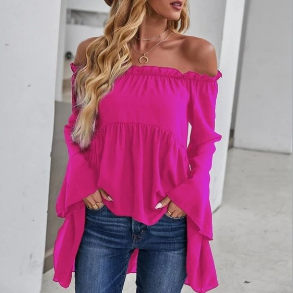 Contemporary Off-shoulder High Low Blouse PINK - Picture 2 of 7